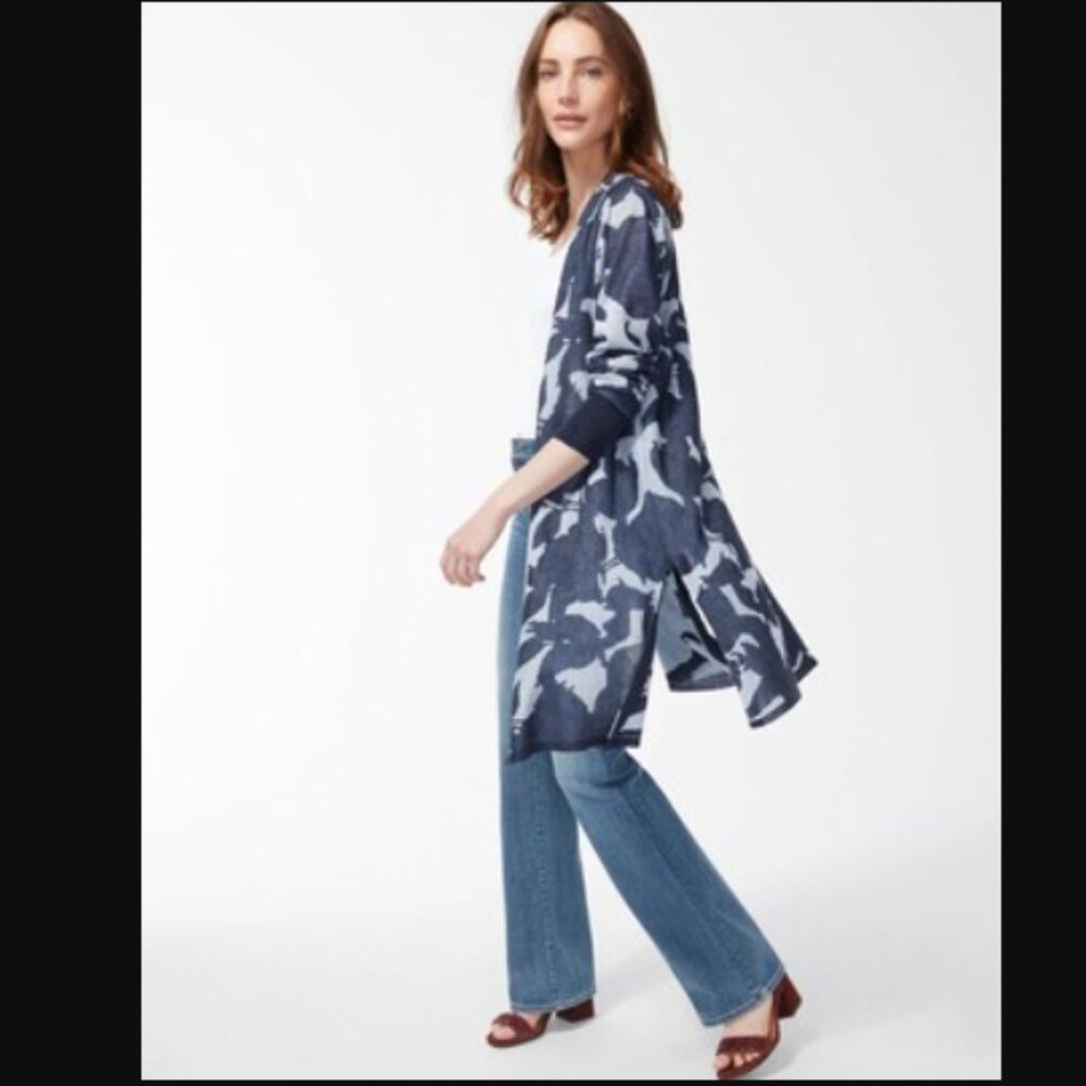 Chico's Jacquard Abstract Floral Long Cardigan Size XXL Lightweight Side Slits